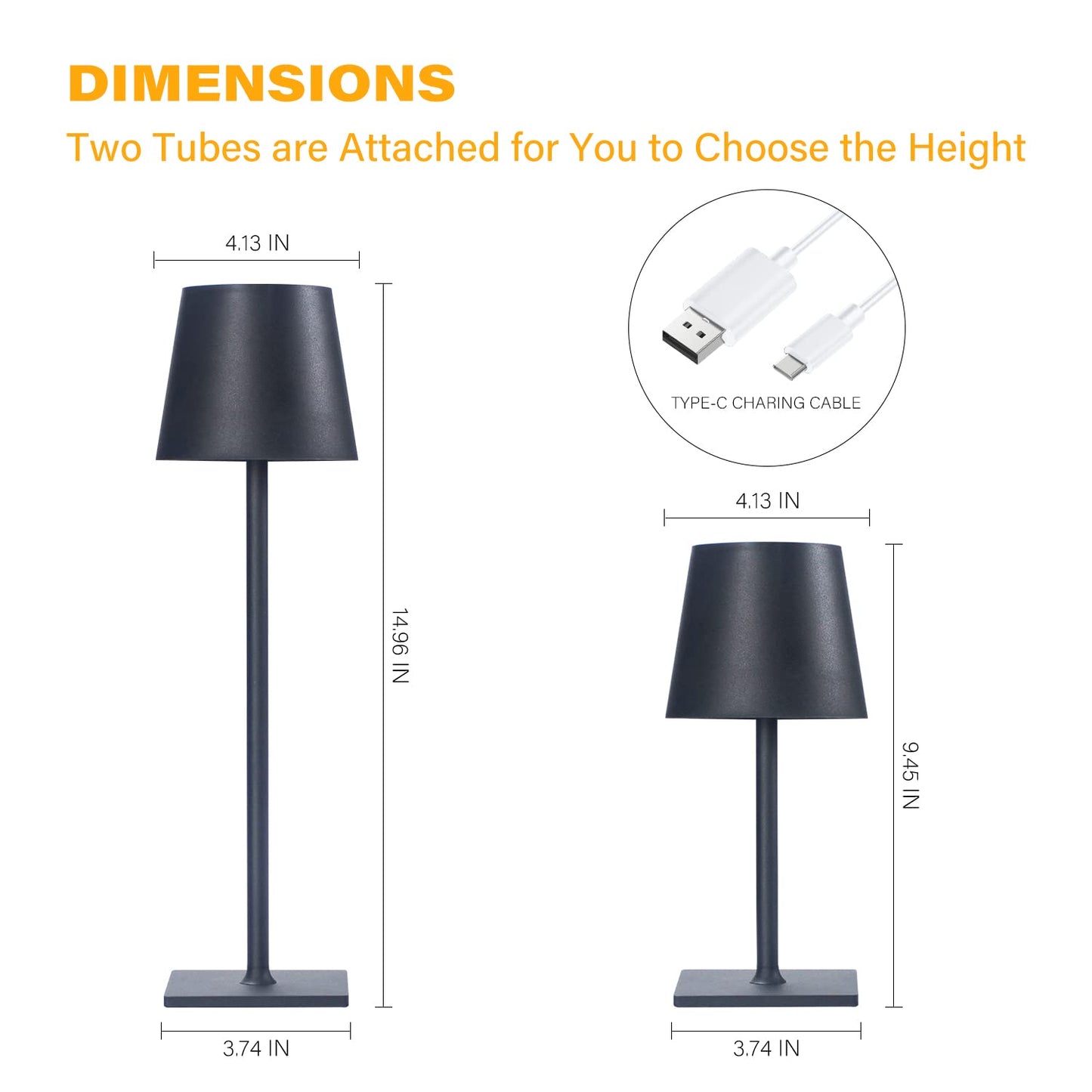 CHLORANTHUS LED Table Lamp, Cordless, Stepless Dimming, 14.96 IN x 4.13 IN, Rechargeable, Black