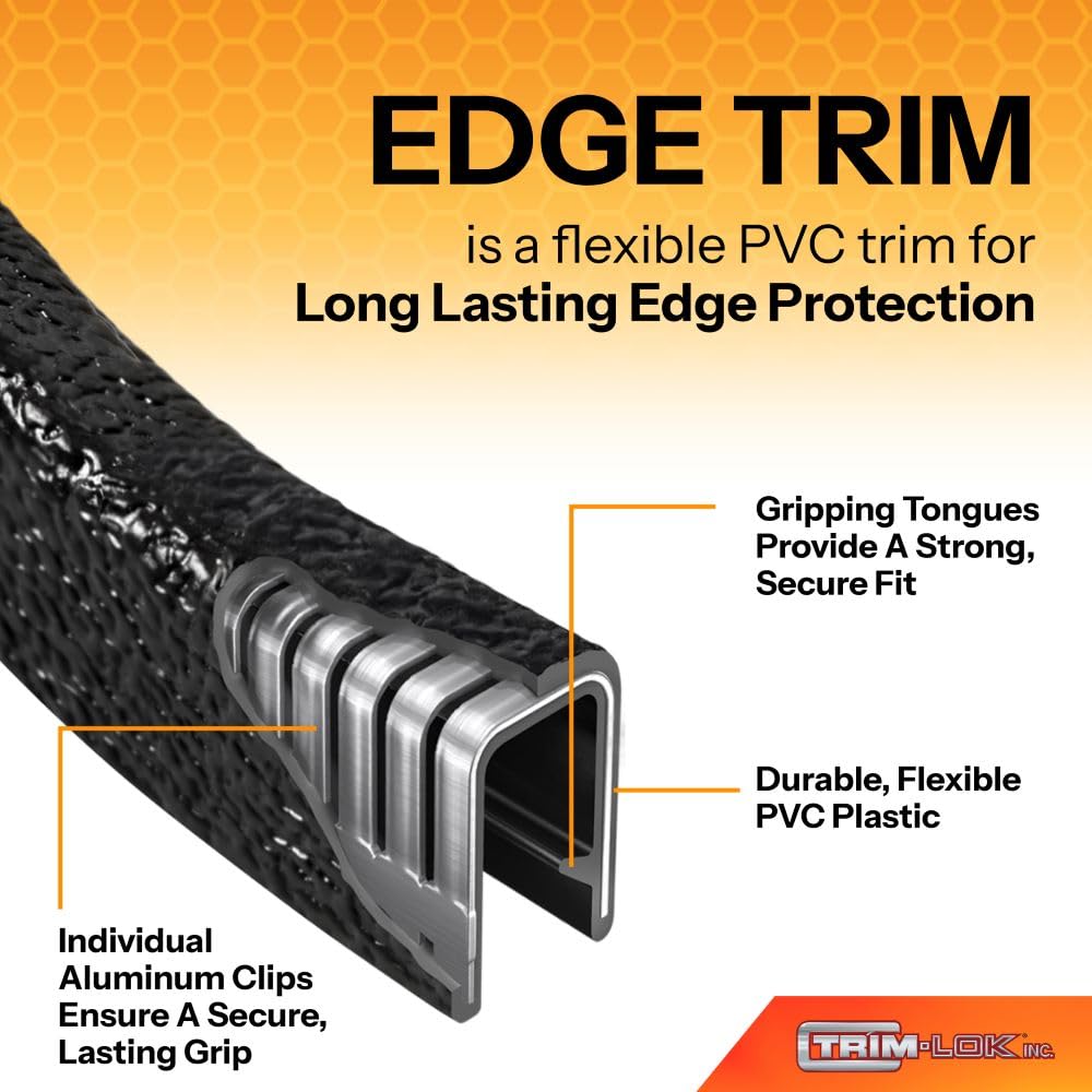 TRIM-LOK Edge Trim - Fits 3/32" Edge, 3/8” Leg Length, 25’ Length - Single Gripping Finger - Black, Pebble Texture - Flexible PVC Edge Protector
