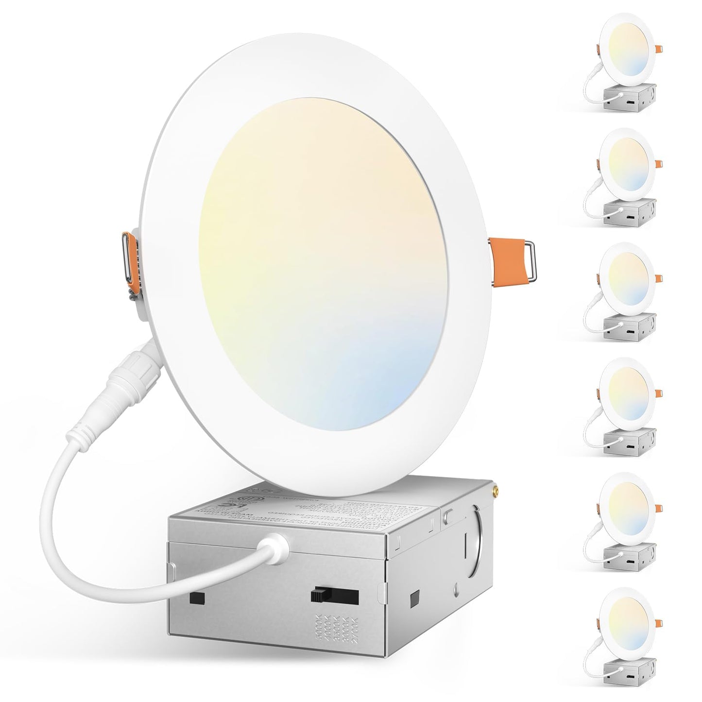 Amico 6 Pack 5 Inch 5CCT Ultra-Thin LED Canless Recessed Ceiling Light with Junction Box, 2700K/3000K/3500K/4000K/5000K Selectable, 11W=75W, 900LM High Brightness, Dimmable Wafer Downlight-ETL&FCC