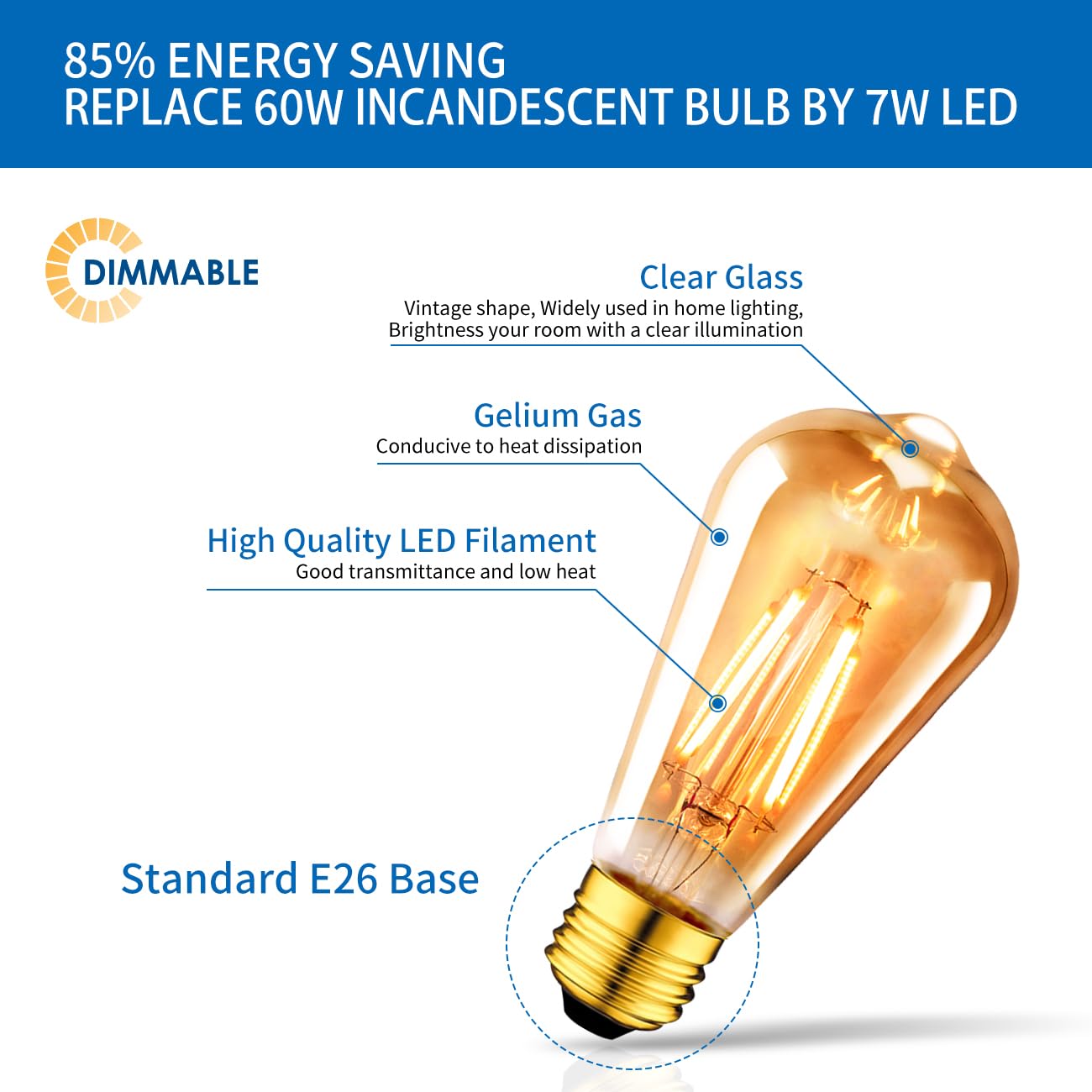 ANWIO Vintage Edison ST21 LED Filament Bulb 8W Dimmable 2500K Warm White E26 Medium Base Amber Glass 6 Pack