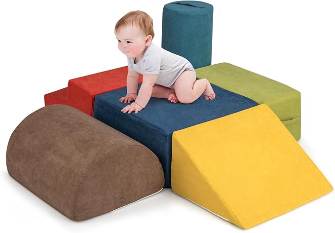Costzon Toddler Climbing Toys Indoor, 6 Pieces Foam Climbing Blocks for Baby w/Skin-Friendly Chenille Fabric, 30D High-Density Foam & Carrying Handles, Soft Play Climbing for Toddler (Assorted)