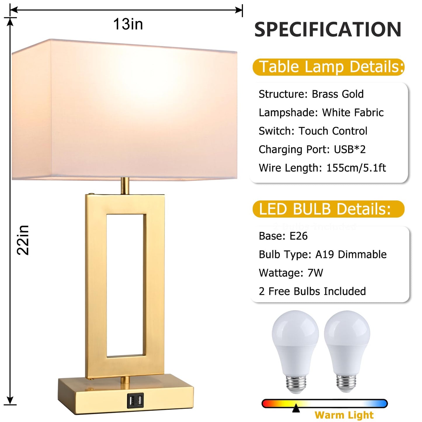 Brightwe 22 Touch Control Table Lamps - 3-Way Dimmable, 2 Usb Ports, Metal, White & Gold, Model Ql5166W, Led Bulbs Included
