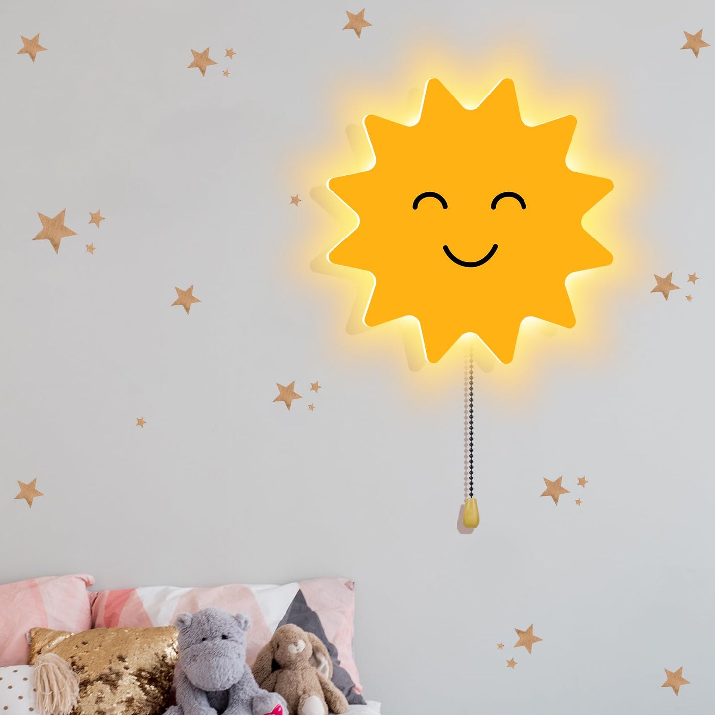 Aurelema Sun Night Light Wall Lamp Sleeping Nursery Lighting Cute Floating Battery Operated Hanging Lamp for Baby Boys Girls Bed