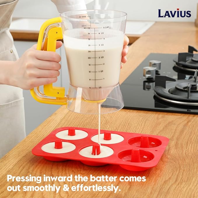 Pancake Batter Dispenser 5-Cup, Batter Pourer for Maker Pancakes, Waffles, Crepes, Muffins, Cupcakes, Easy Squeeze Grip Handle with Proof Nozzle, Precise Baking Tools