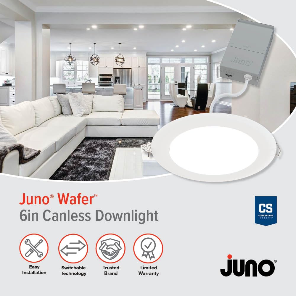 Juno Led Recessed Lights 6 Inch Round Wafer Downlight  5-In-1 Switchable White Color Temperature  120 Volts  6-Inch Ultra-Thin Flat Trim  Matte White  4-Pack (Wf6 Sww5 90Cri Mw Cp4 M2)