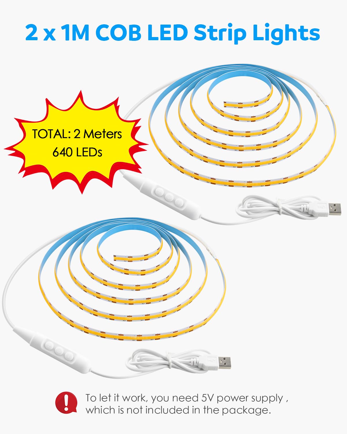 Aclorol Cob Led Strip Light 5V Usb Dimmable Led Strip Light 3000K Warm White 3.28Ft Rope Lights Flexible And Cuttable For Bedroom Wardrobe Kitchen Cupboard Staircase Home Diy Lighting 320Leds (2 Pack)