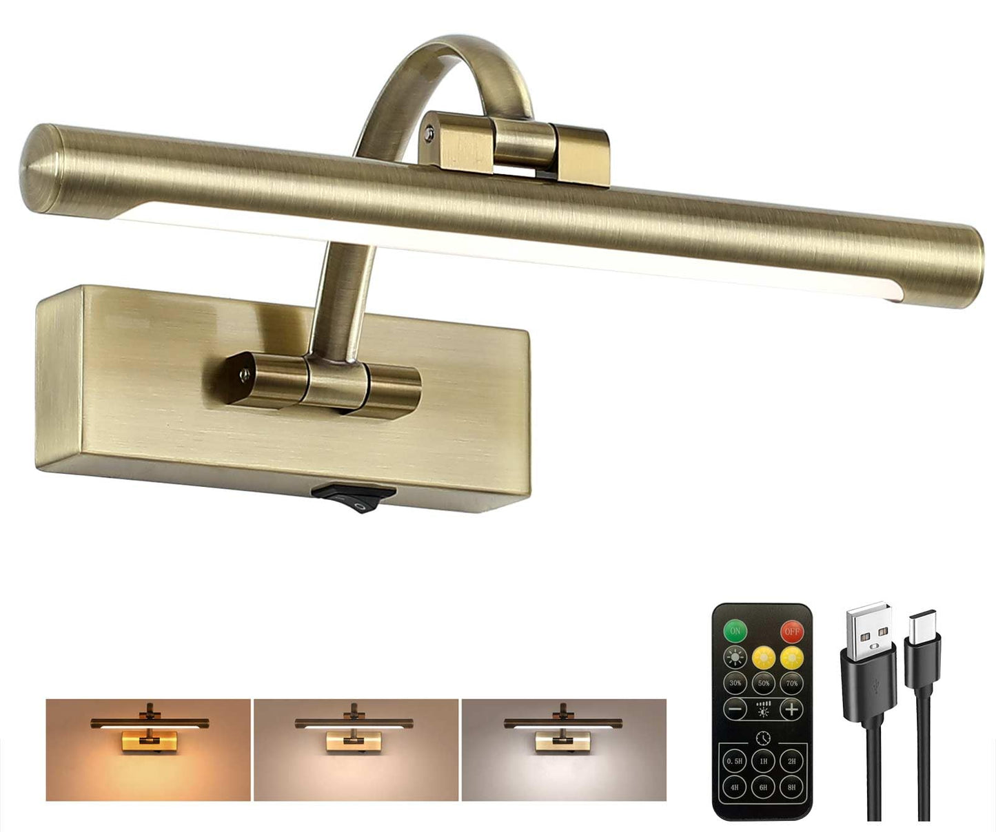 Tassuowell Wireless Picture Light, 12 Inch, Battery Operated, 3CCT Dimmable, Antique Bronze, Model 7115