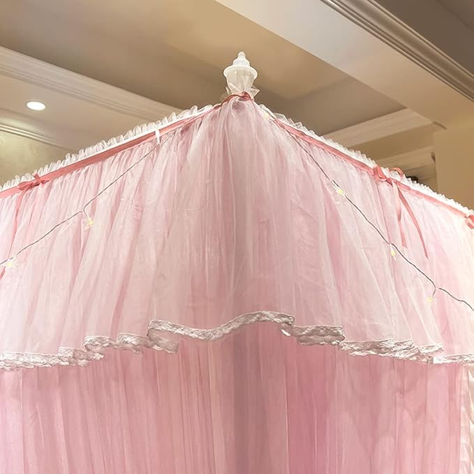 Mengersi Canopy Bed Curtains with Lights,4 Corner Bed Canopy Royal Luxurious Bed Drapes Netting,Princess Bed Curtains for Girls Adults Bedroom Decoration (Pink, Twin)