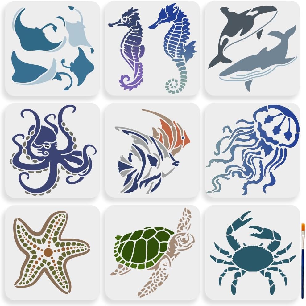 MAYJOYDIY 9pcs Sea Ocean Creatures Stencils 7.8×7.8inch/20×20cm Ocean Animal Painting Stencils with Paint Brush Summer Seahorse Jellyfish Octopus Turtle Template for Canvas Fabric Wall DIY Craft
