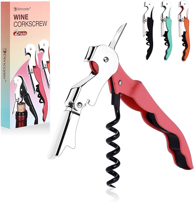 Soft Velvet Touch Waiters Double Hinge Corkscrew Wine Key Bottle Opener，Heavy Duty Waiter Corkscrew, Foil cutter and Bottle Opener,2-pack(2, Coral Pink)