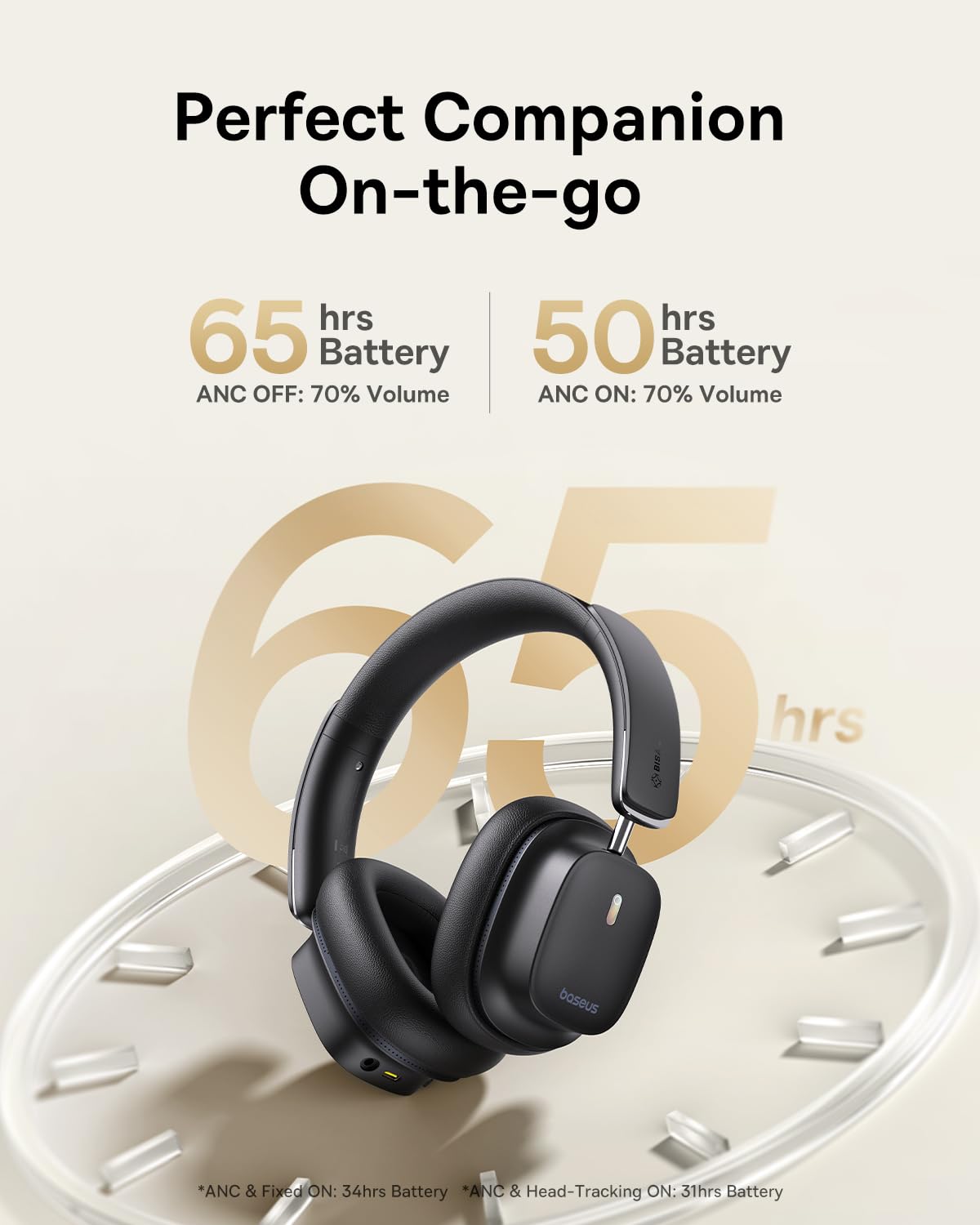 Baseus Bowie 30 Max Active Noise Cancelling Headphones, Head Tracking Spatial Audio, LDAC Hi-Res Wireless Sound, 65H Playtime, Comfort Fit, Clear Calls, App Control, Bluetooth 5.4 Headphones Over Ear