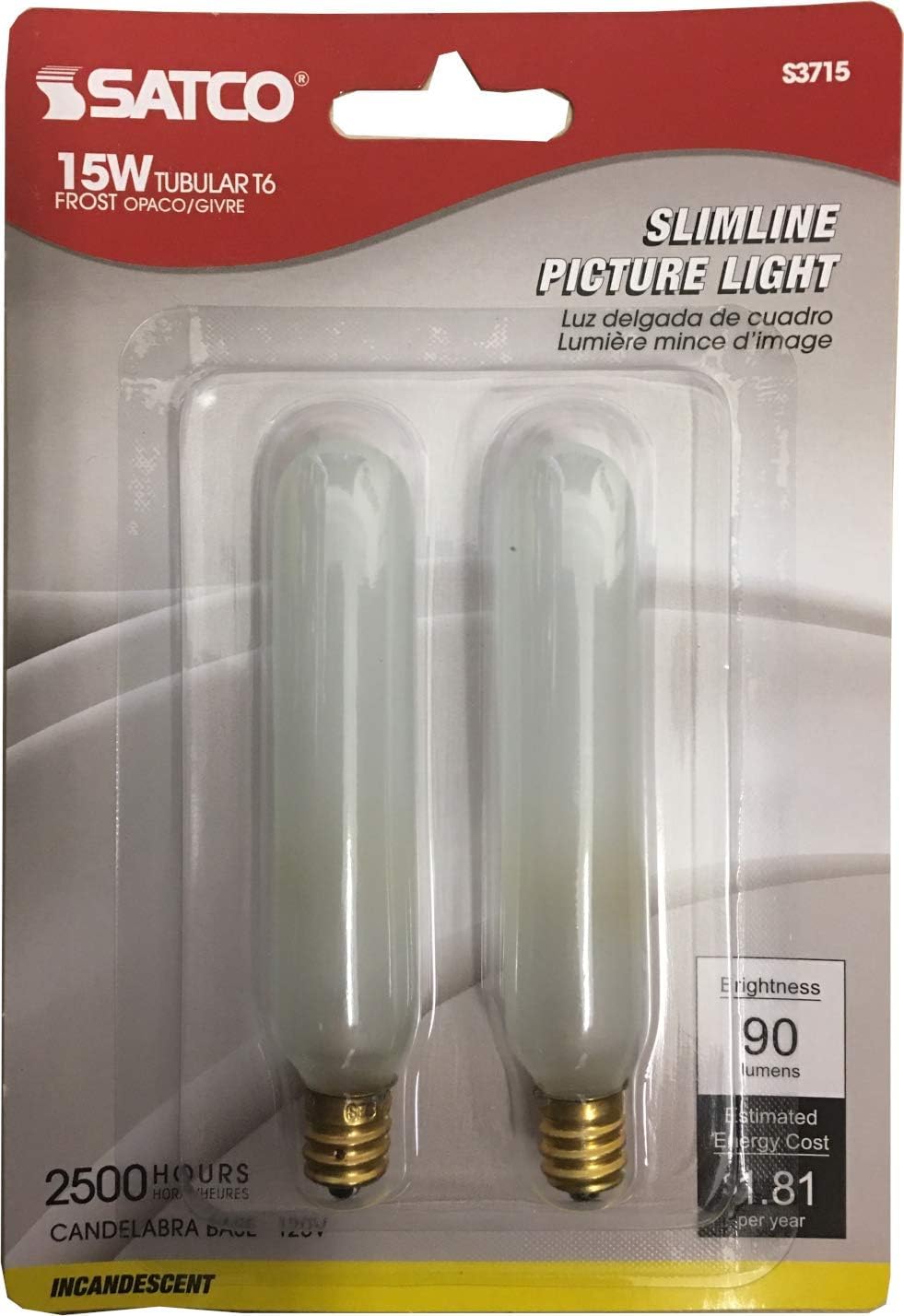 Satco S3715 15W T6 Candelabra Bulb, Frosted Glass, 120V, 1 Count