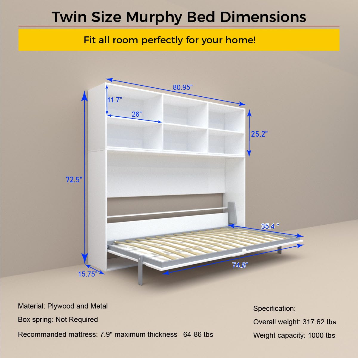 YOPTO Twin Size Horizontal Murphy Bed Chest with Double Layer Storage Shelf,Wood Hidden Cabinet Platform Bed W/Gas Struts,Space Saving,Wall Bed Frame for Bedroom,Guest Room,Apartment,White