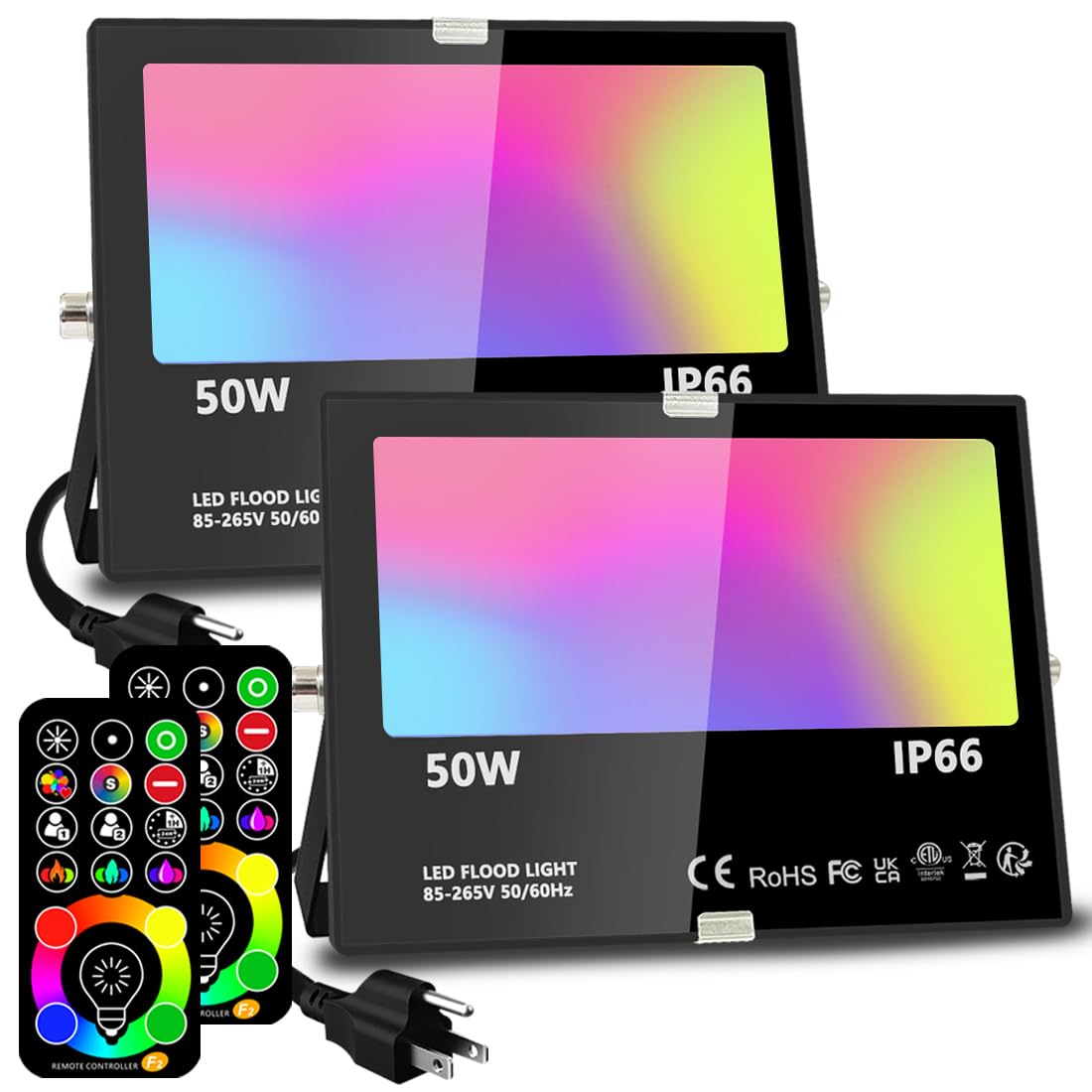 MELPO RGBW LED Flood Light, 50W Equivalent, 120 Colors, Dimmable, 2 Pack, Aluminum & Glass, Multicolor
