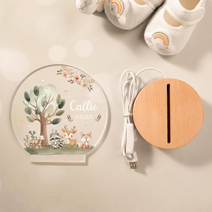 callie Acrylic Night Light Name Plate Personalized, Custom Cute Fox Deer Turtle Forest Animal with Wooden Base Bedroom Decor, Birthday Gifts Kid Gifts for Family (Forest Fauna)