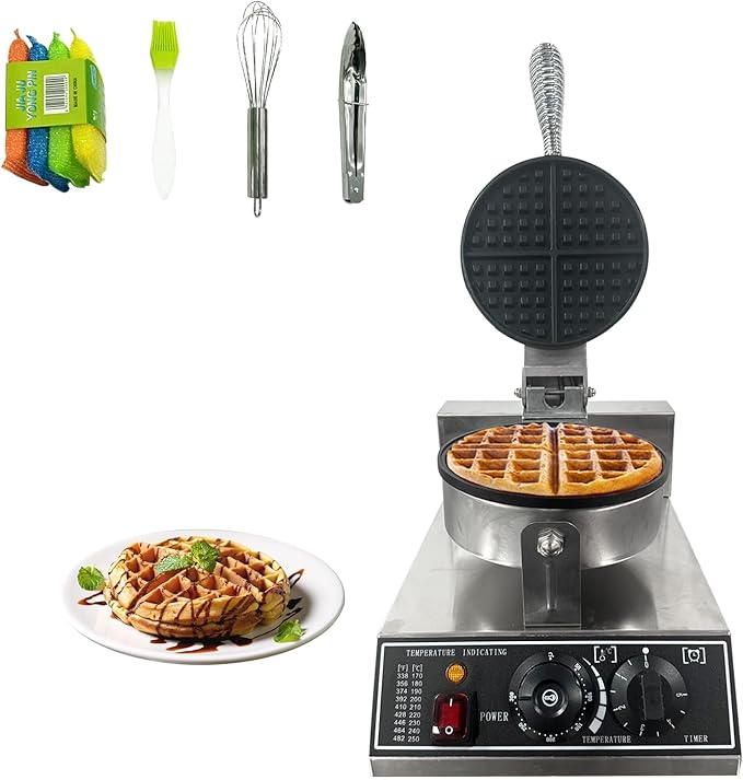 Commercial Waffle Maker, 1200W Stainless Steel Round Waffle Irons with Adjustable Temperature and Time Control, Non-Stick Design, Perfect for Home Kitchen, Restaurant, Bakeries