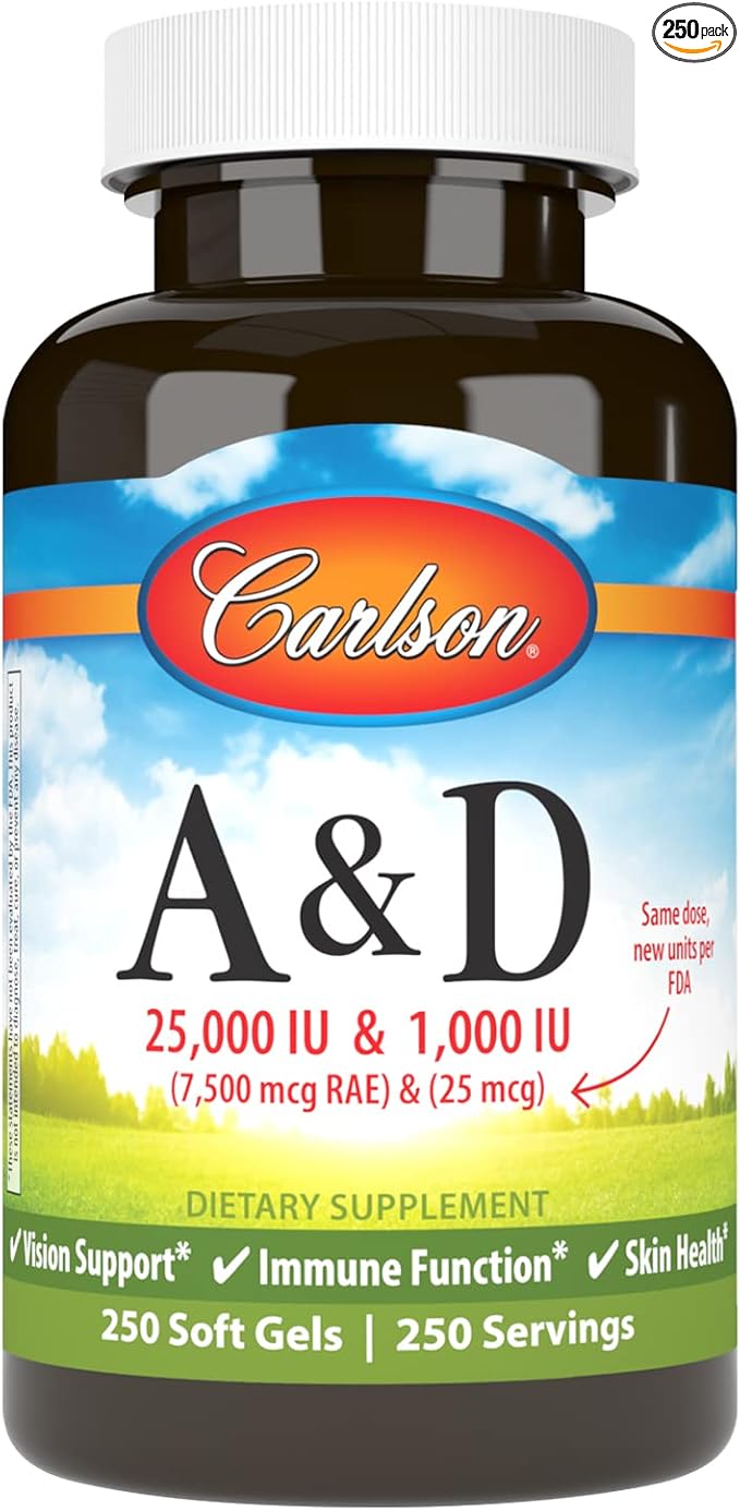 Carlson - A & D, 25000 IU (7500 mcg RAE) Vitamin A, 1000 IU (25 mcg) Vitamin D, Vision Support, Skin Health, 250 Softgels