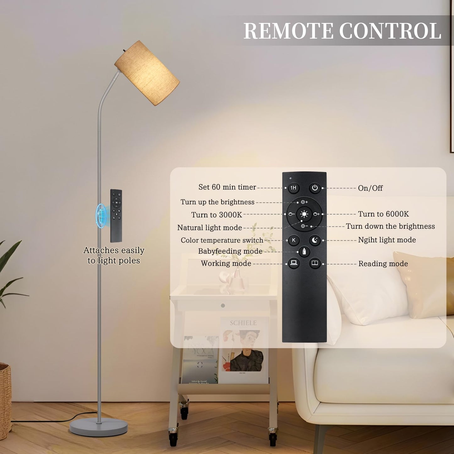Ldeco Standing Lamp with Remote Control, Adjustable Metal Floor Lamp for Living Room, Bedroom, Office, Beige/Silver, Model JS0002FL