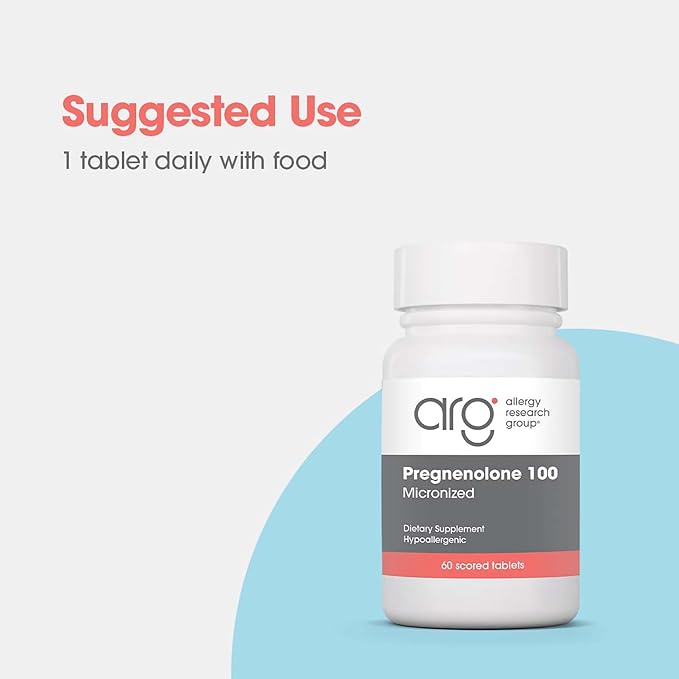 Allergy Research Group Pregnenolone Supplement - Progesterone Supplements, Hormone & Stress Support, Made from Non-GMO Wild Yam, Micronized Lipid Matrix, Plant-Sourced, 100mg Scored Tablets - 60 Count