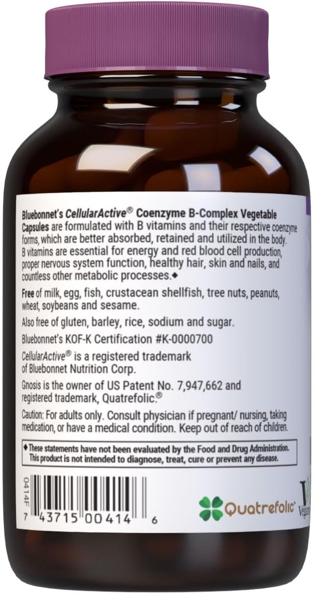 Bluebonnet Nutrition Cellular Active Coenzyme B-Complex, Energy Production & Nerve Support*, Vegan, Kosher Certified, Gluten-Free, Soy-Free, Dairy-Free, 50 Vegetable Capsules, 50 Servings