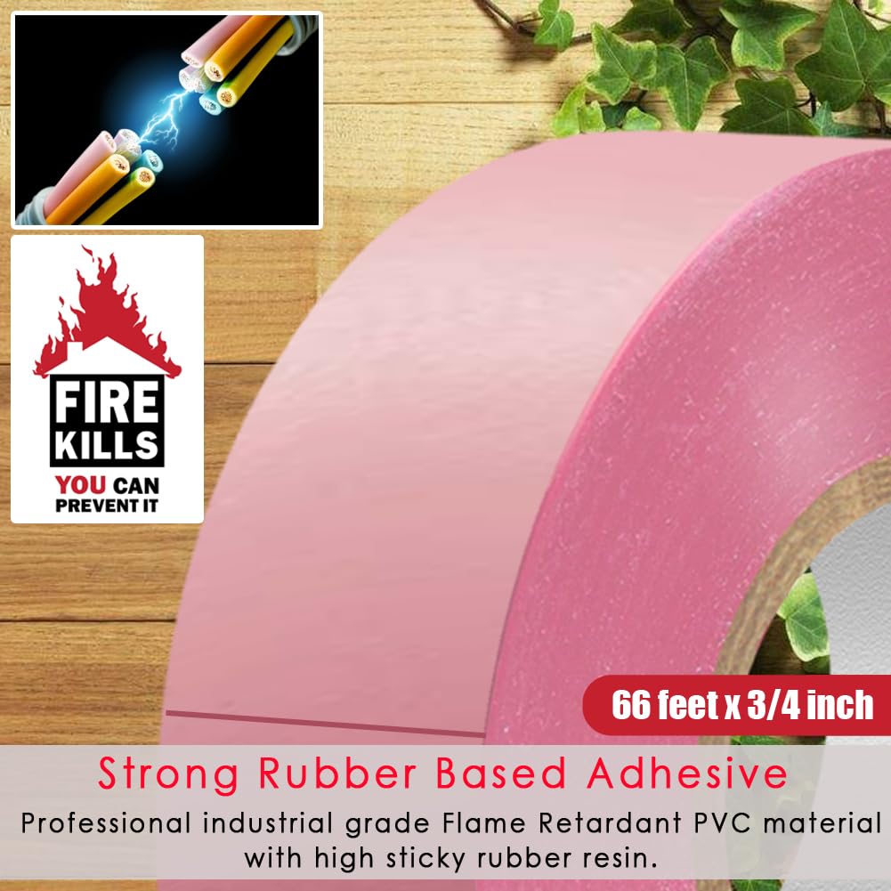 LYLTECH Pink Electrical Tape, 66 feet x 3/4 inch,Waterproof,Strong Adhesive, Vinyl Rubber Adhesive Electrical Tape Use at No More Than 600V & 176℉