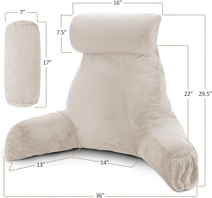 Nestl Reading Pillow Large Bed Pillow, Back Pillow for Sitting in Bed Shredded Memory Foam Chair Pillow, Reading & Bed Rest Pillows Linen Back Pillow for Bed, Bed Chair Arm Pillow with Pockets