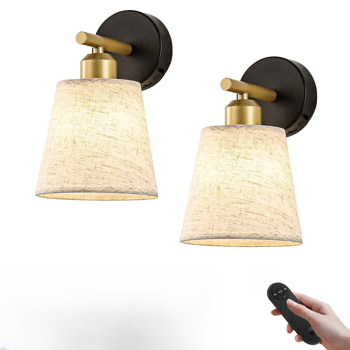 Joosenlux Battery Operated Wall Sconce Set Of 2 With Fabric Shade - Rechargeable Cordless Wall Lamps  Remote Control  Dimmable Led  Black And Gold  Modern Decorative Accent Light