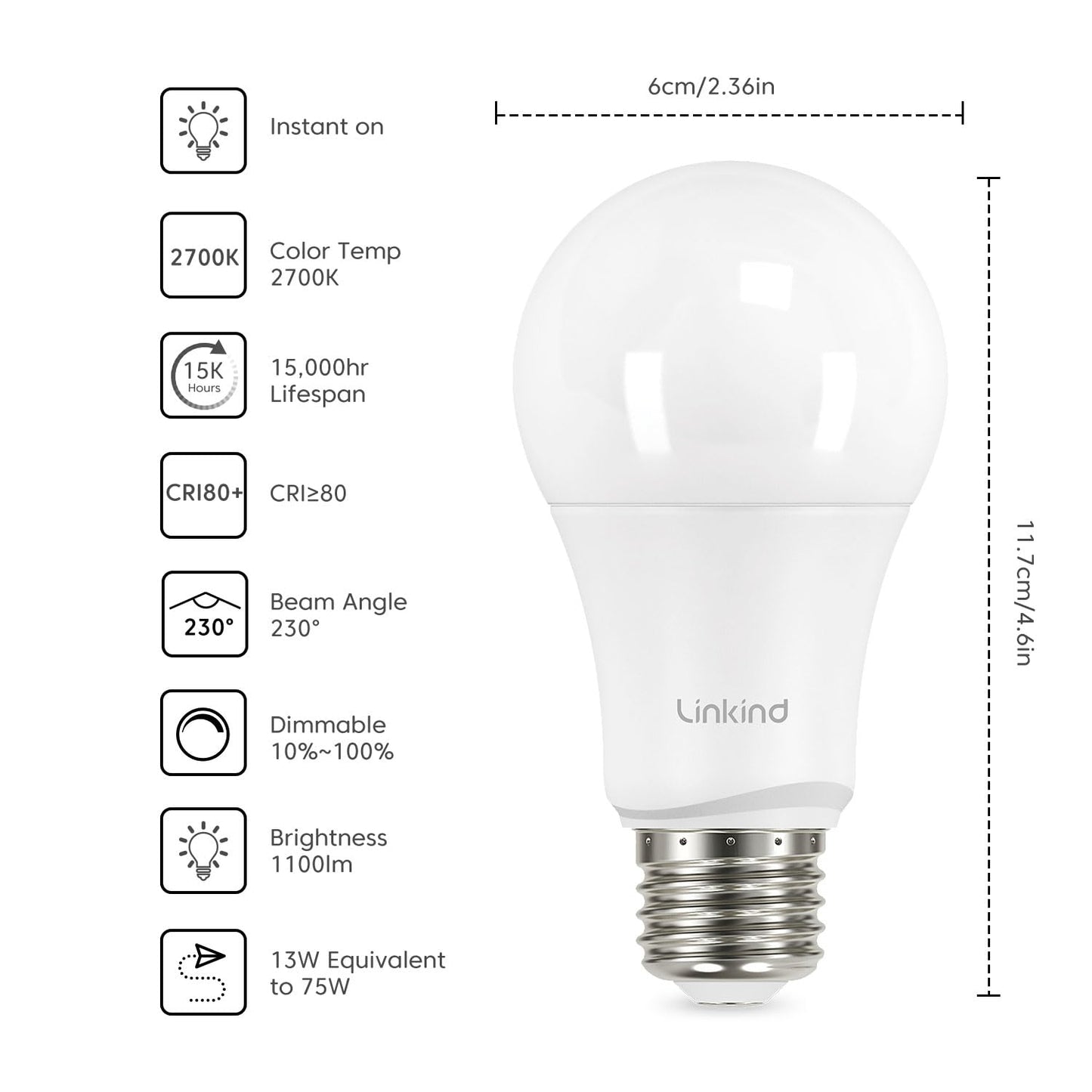 Linkind A19 Dimmable LED Light Bulbs, 75W Equivalent, 1100 Lumens, Soft White, 6 Count, UL Listed, FCC Certified