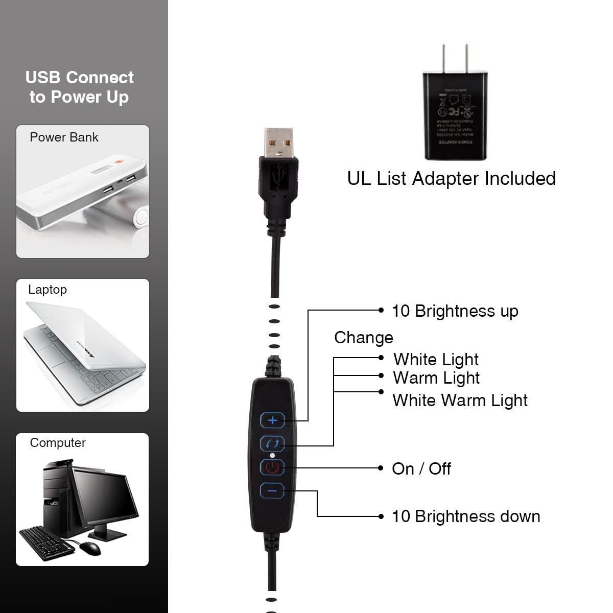 Cesunlight Clamp On Desk Lamp - 3 Color Temperatures, 10 Brightness Levels, Usb Power Supply, Black, Pack Of 2, Model B03