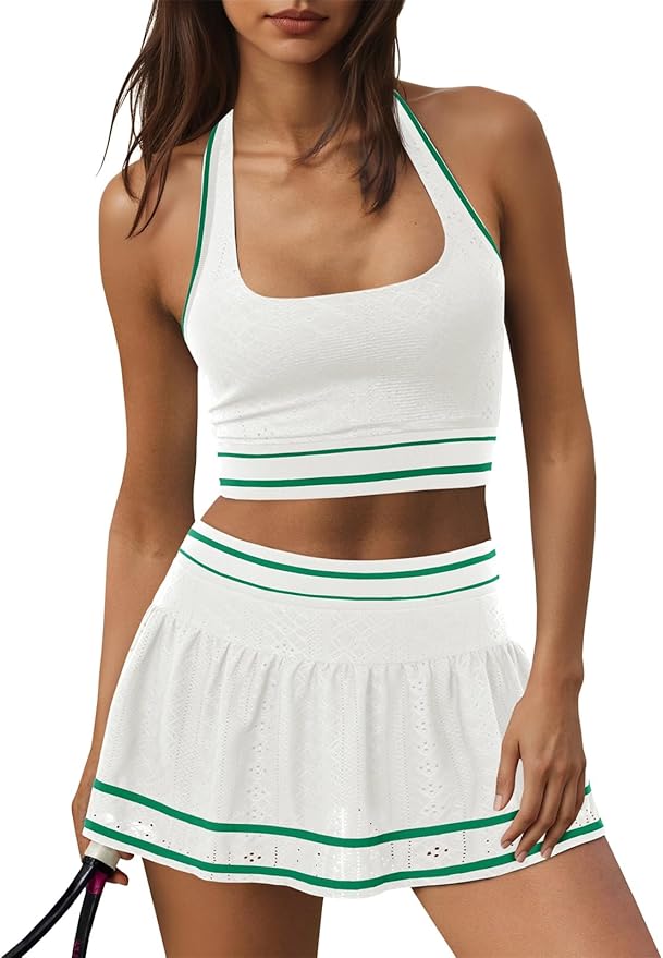 Fisoew Womens 2 Piece Tennis Skirt Sets Workout Set Halter Backless Sports Bra and Golf Skort Athletic Matching Outfits