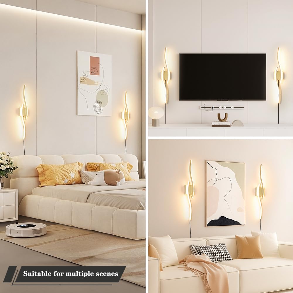 Daunton Modern Gold Wall Sconce Set of 2, Dimmable LED Light Fixture, 27.5in, Plug-in Cord, Remote Control, Metal