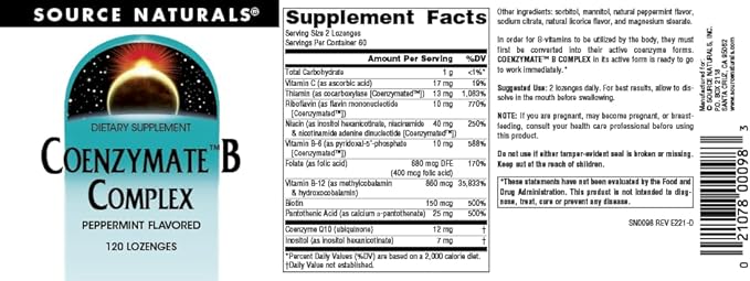 Source Naturals Coenzymate B Complex - Peppermint Flavor That Melts in Mouth - B Vitamins - 120 Lozenges