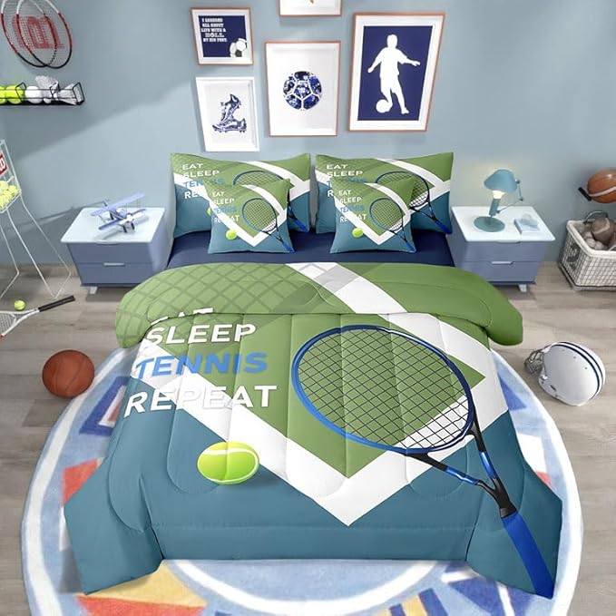 Sports Tennis Comforter Set for Kids Room Decor,Modern Fashion Ball Game Bedding Set Full Size 7 Pcs,Tennis Racket Print B...