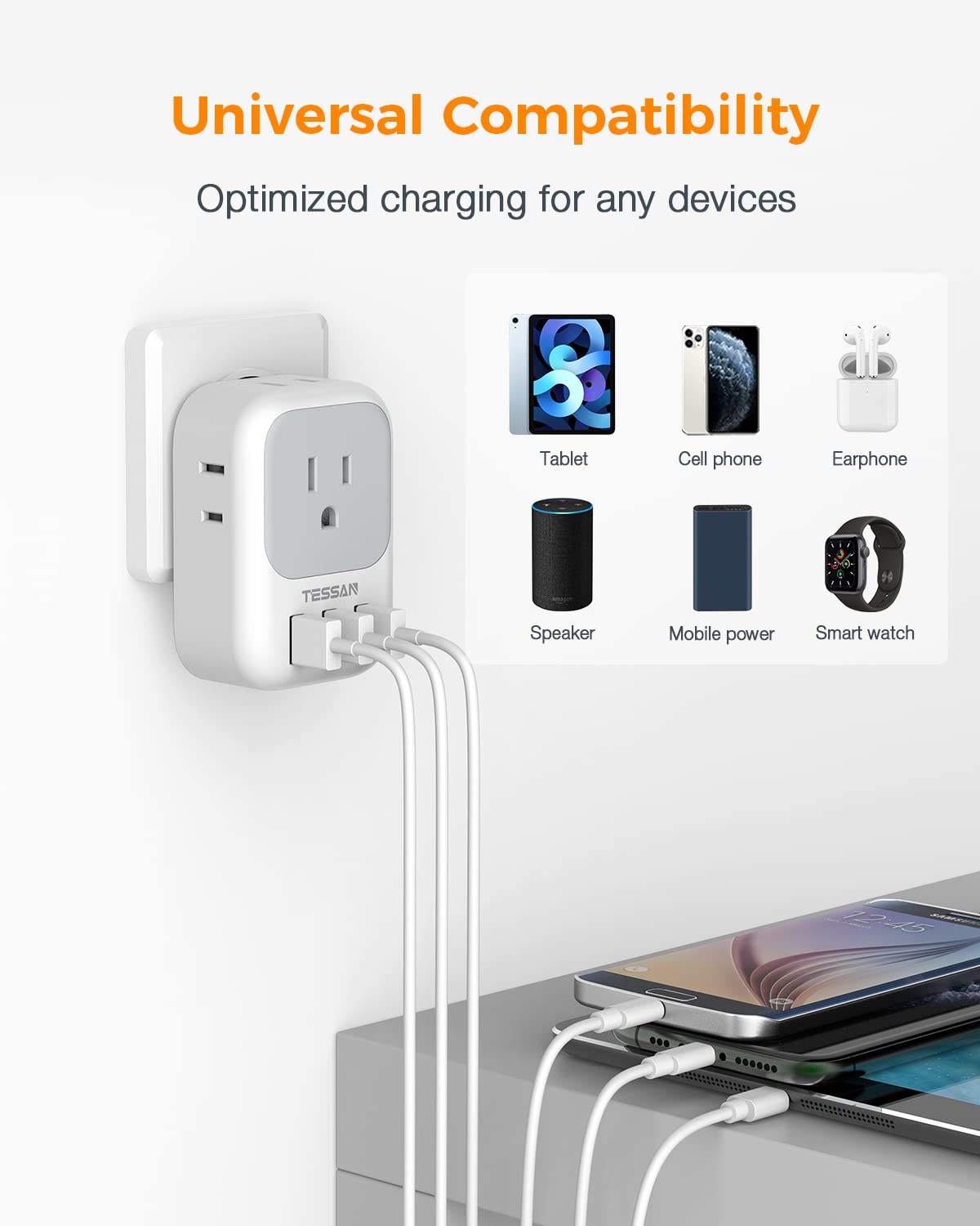 Tessan Usb Charger Block, Wall Plug Adapter With Electrical 4 Box Splitter 3 Usb Wall Charger Ports, Multi Plug Outlet Extender