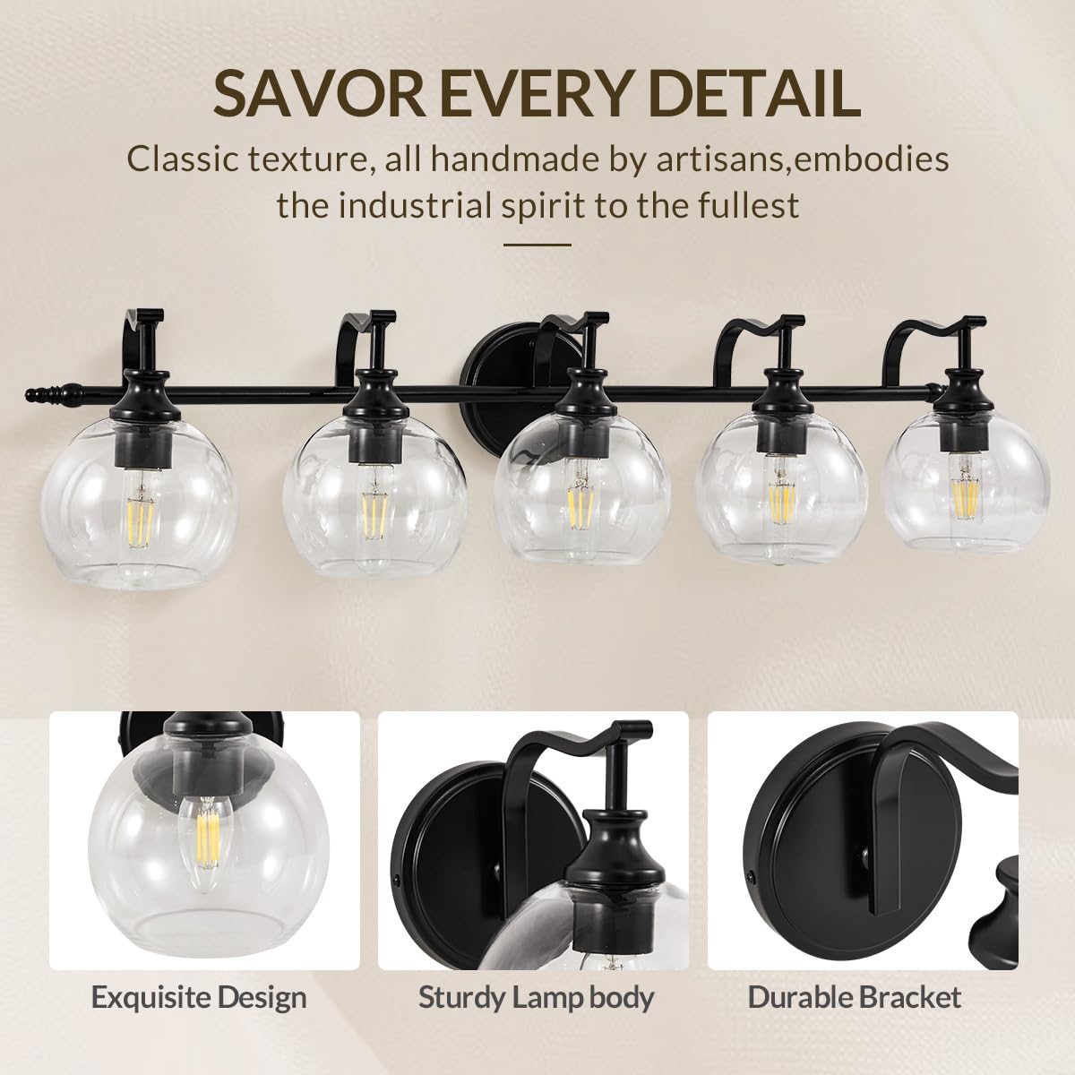 Andy Star Black Vanity Light  5-Light Bathroom Light Fixture  35 Large Bathroom Lighting Over Mirror  Industrial Wall Sconce  Perfect For Big Bathrooms  Double Vanities  Long-Length Elegant Design