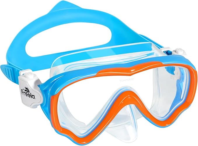 Freela Kids Swim Goggles Diving Mask for Youth 6-14, Tempered Glass Lens, 180° HD View Goggles with Nose Cover for Pool Beach