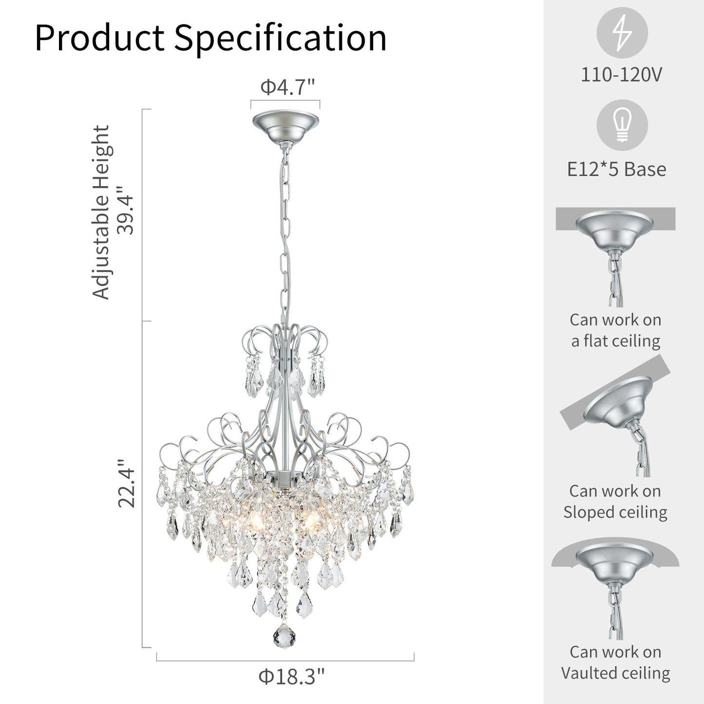 Wuzups Crystal Chandelier 5-Light Pendant Ceiling Light Modern Lighting Fixture For Dining Room Hallway Bedroom Kitchen Bathroom  H 22.4 X W 18.3  E12 Base  Silver