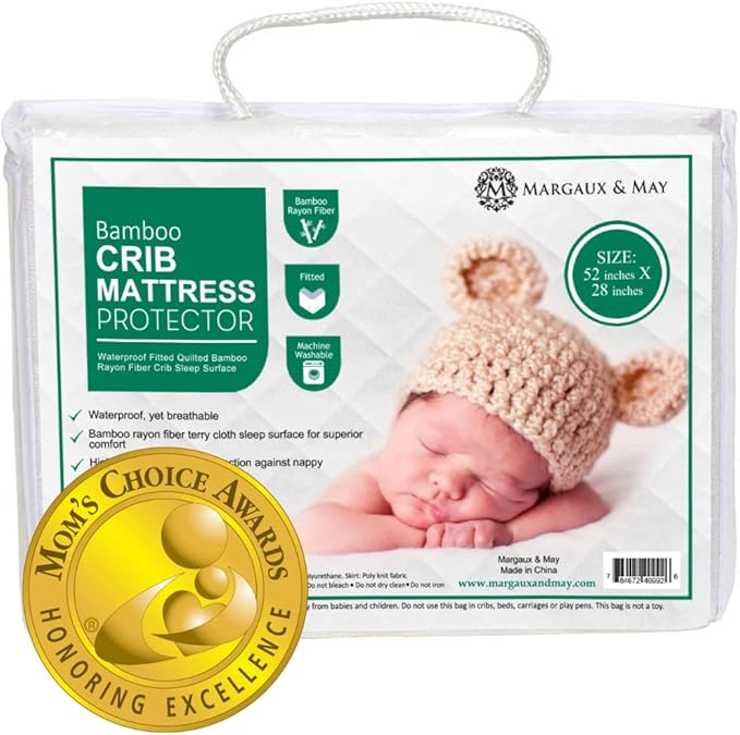 Margaux & May Crib Mattress Protector Pad - Ultra-Soft Waterproof Breathable Premium Bamboo Rayon - Noiseless Fitted Dryer Safe Cover. High Absorbency Oeko-TEX Certified (28 x 52 x 9 inches)