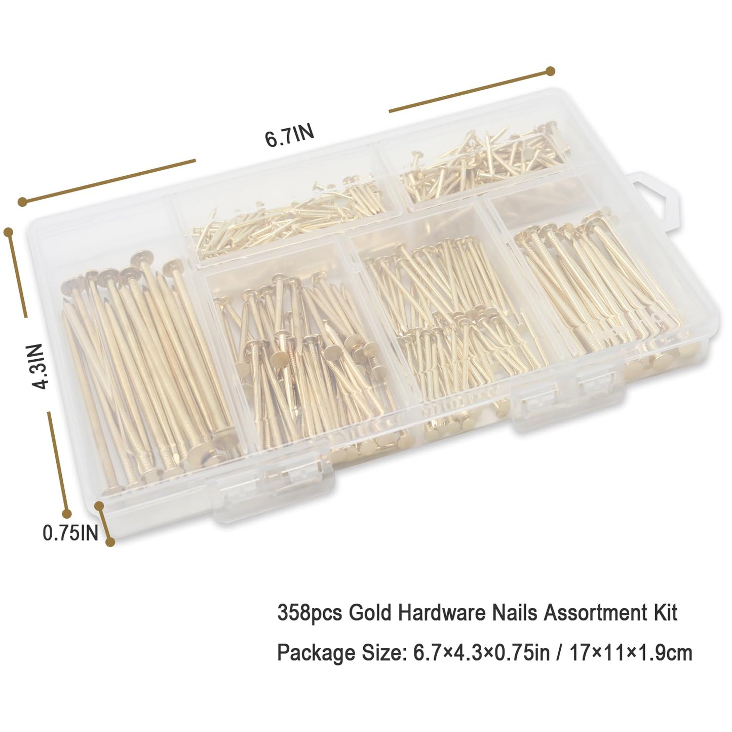 6 Sizes Gold Hardware Nails Assortment Kit, 358pcs, Brass Plated, Nails for Hanging Pictures, Finishing Nails, Wood Nails, Wall Nails for Hanging (3”, 2”, 1-1/2”, 1-1/4", 1”, 3/4")