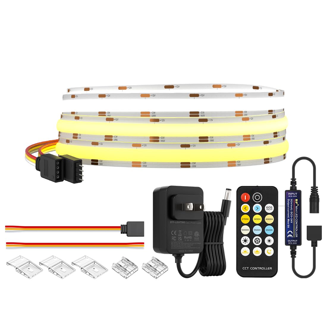 BTF-LIGHTING FCOB COB CCT 12V Kit Flexible High Density 640LED/m 9.84FT RF Dimmable Controller Tunable CT 3000K-6000K CRI 90+ LED Strips for Bedroom Kitchen Under Cabinet Indoor with DC12V Adapter