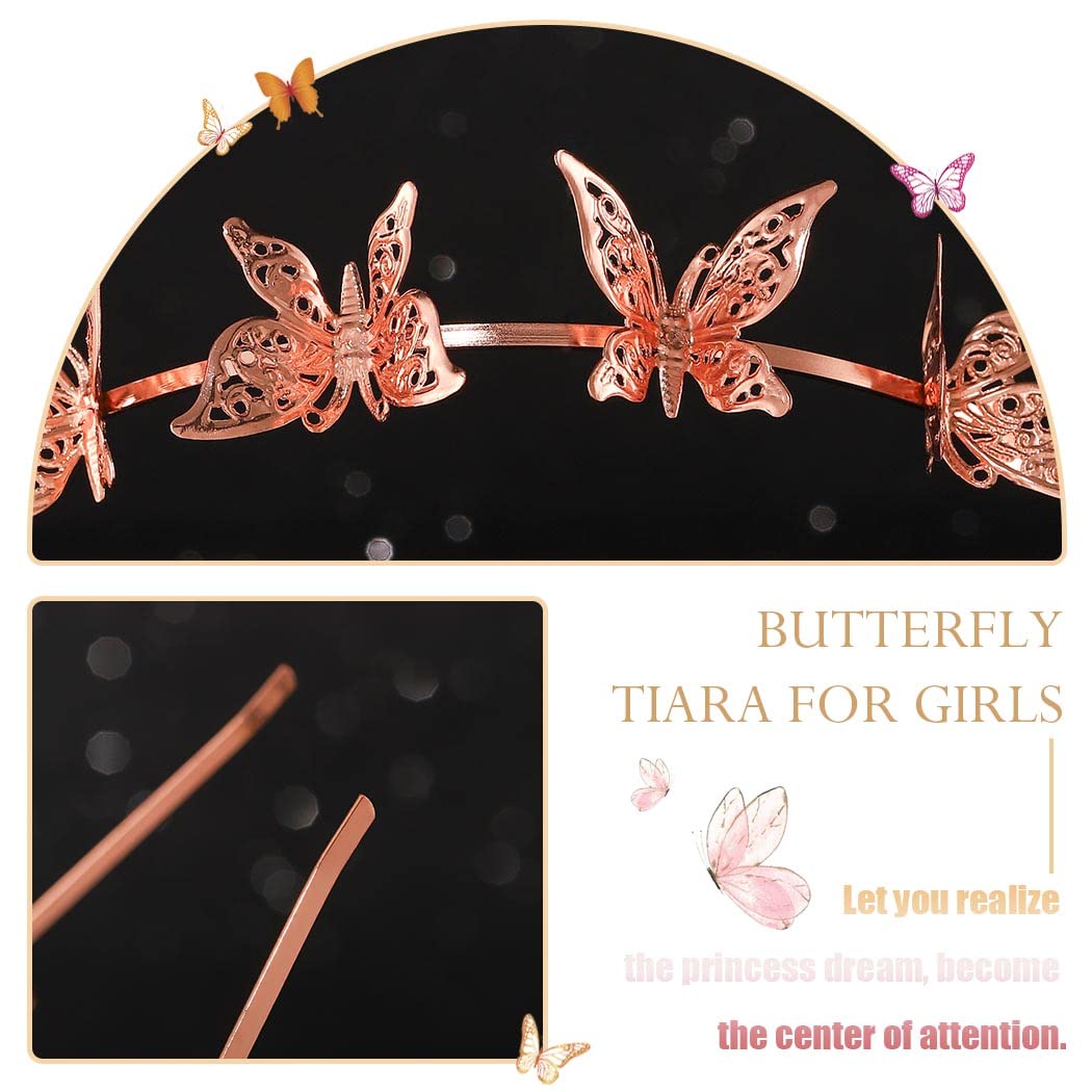 Kilshye Butterfly Gold Tiara Princess Crown Headband fairy Hair Band Wedding Costume Hair Accessories for Girls and Women (Rose