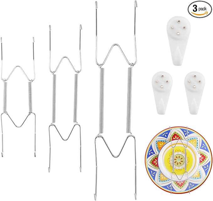 3 Pack 8/10/12 Inch Decorative Plate Medium Plate Hangers for The Wall, Invisible Stainless Steel Plate Wall Hangers for Display with Wall Hooks, for Plates/ Platter/Dish/Picture （Silver）