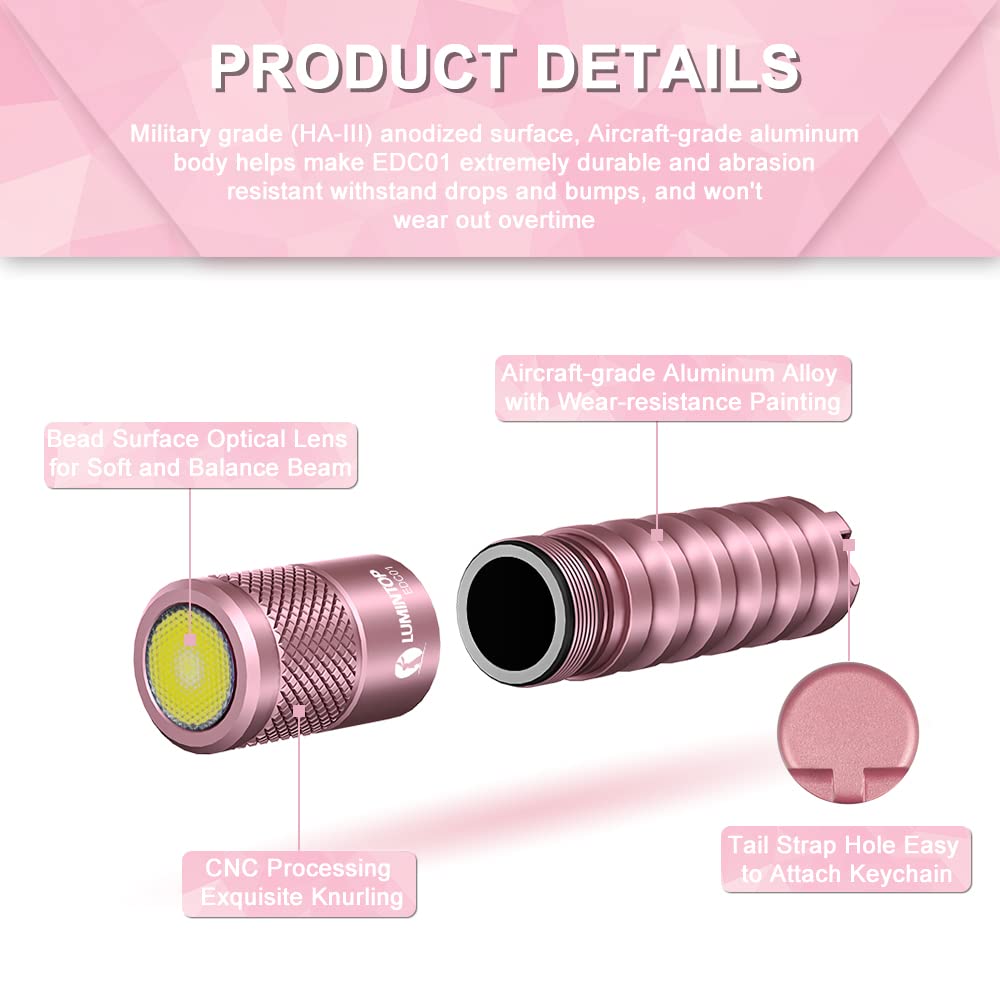 LUMINTOP EDC01 Pink Keychain Flashlight 200 Lumen, 32 Hours, IPX-8 Waterproof, Aluminum, Compact Size