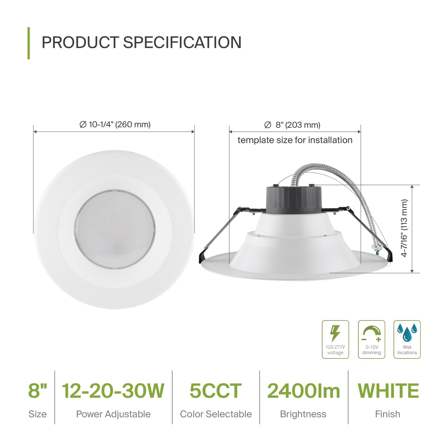 Asd 8 Inch Commercial Canless Led Downlight  Power Adjustable 12/20/30W Lighting  Round Dimmable Recessed Ceiling Light Fixture  5 Color Temperatures 2700K-5000K  120-277V Ic Rated Ul & Energy Star