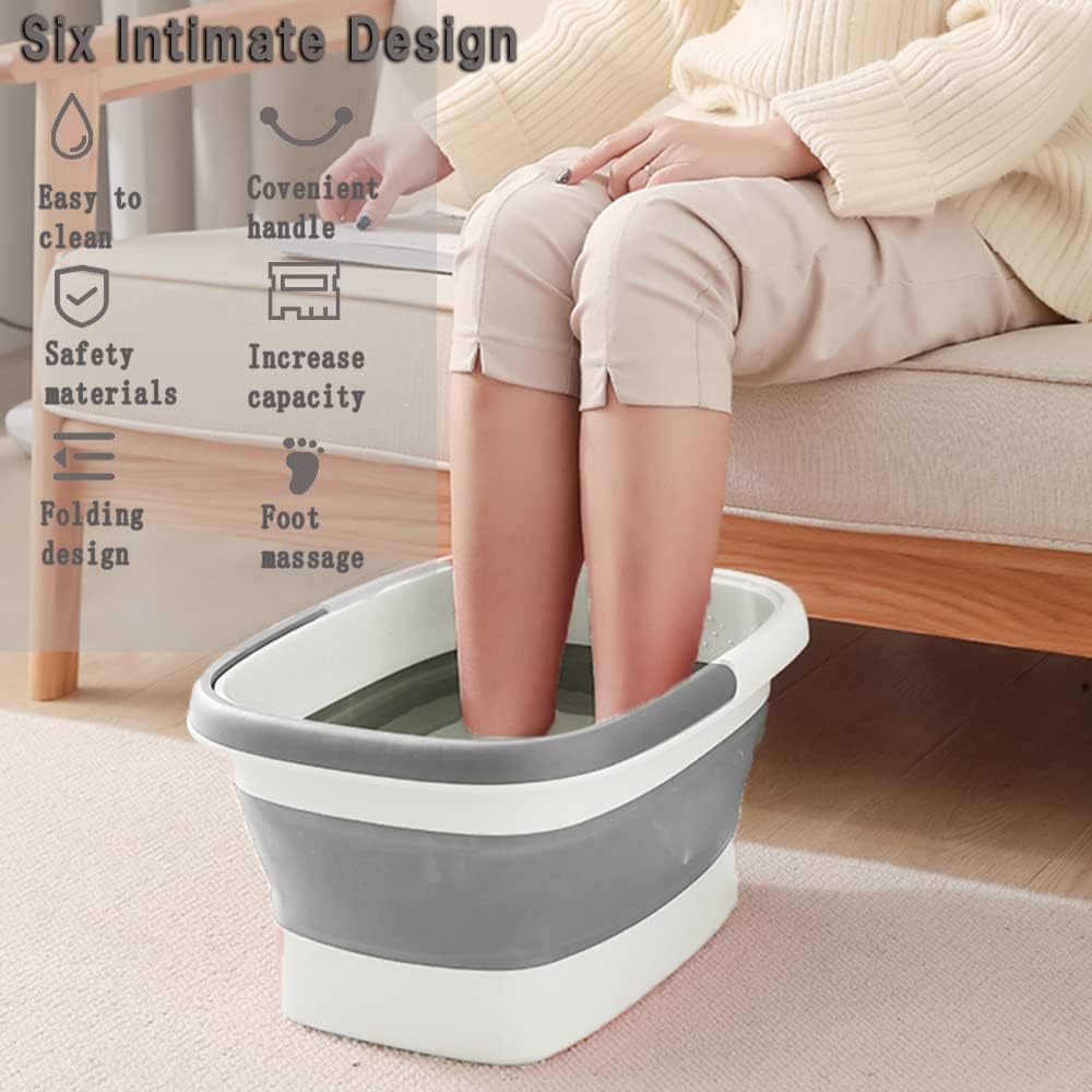 Collapsible Foot Bath Basin for Soaking Feet,Foot Soak Tub,Plastic Foot Bucket with Handles and Massage Acupoint,Foldable Laundry Basket-Gery-1 Pack