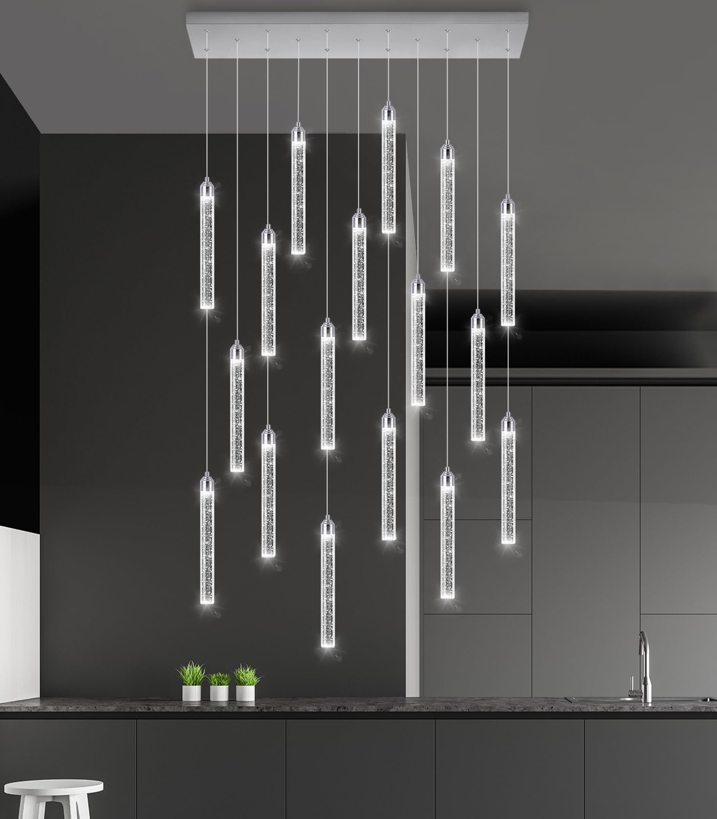 Rectangular Chandeliers 17-Lights Long Light For Entryway Led Dimmable Chandeliers Lighting Fixture Flat Sloped High Ceiling Pendant Lights Crystal For Living Room Foyer Hallway Staircase Silver