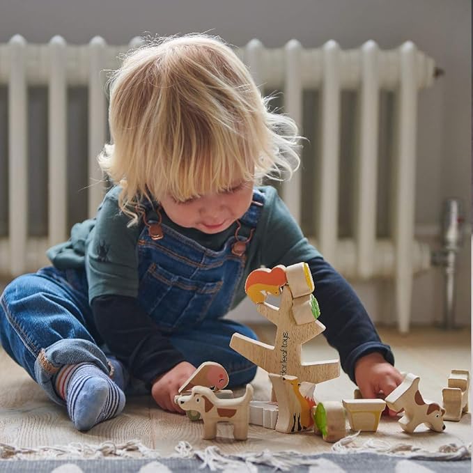 Tender Leaf Toys - Stacking Garden Friends - 14 Pcs Wooden Stacking & Balancing Toy & Educational Game with Free Travel Bag - Early Learning Develops Strategic Thinking & Fine Motor Skills - Age 18m+