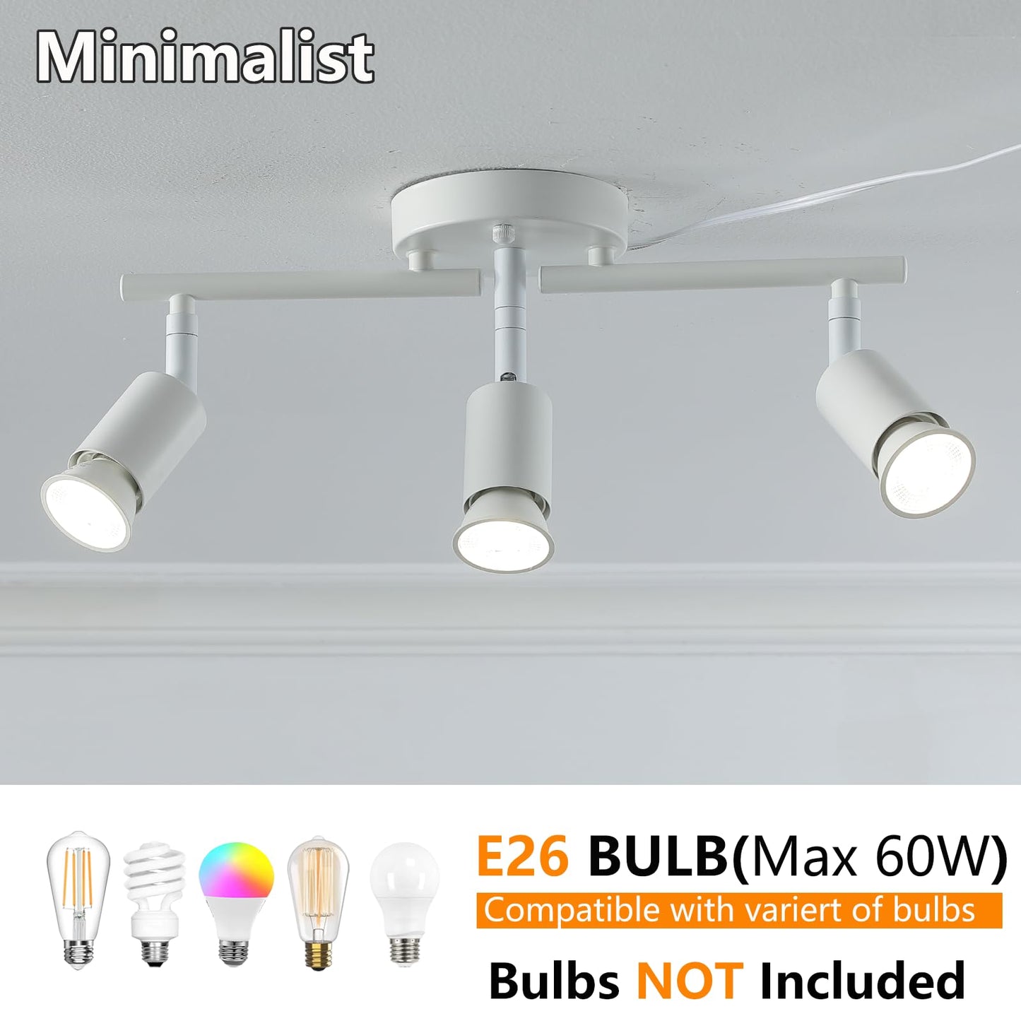 Vivihobb Plug In Track Light White 3 Light Plug In Ceiling Lighting Fixture With 16.4 Long Cord 3 Way Ceiling Spotlight Rotatable Wall Mount Light Head