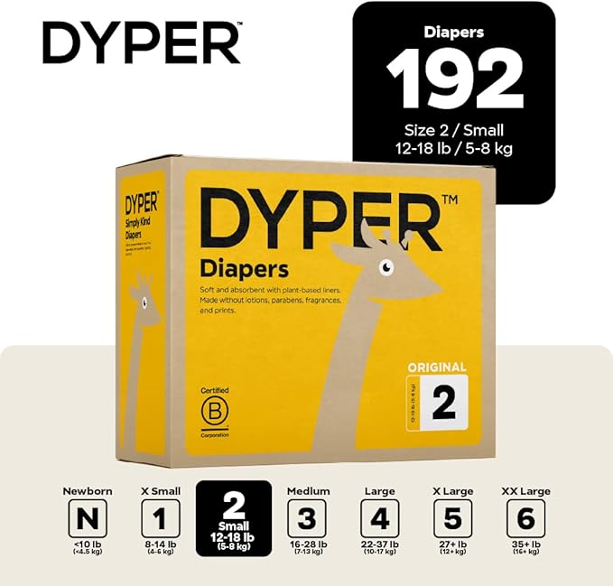 DYPER Baby Diapers Size 2 (192 Count) – Plant-Based, Hypoallergenic, Fragrance Free & Ultra Absorbent Disposable Diapers for Day and Overnight Skin Protection, Monthly Pack Size 2 Diapers