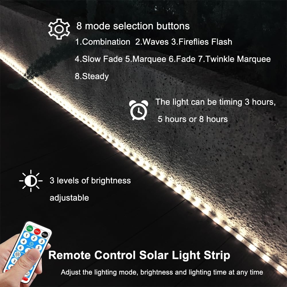 Solar Led Strip Lights Outdoor Waterproof 9.8Ft White Solar Powered Strip Lights With Remote Timer 8 Lighting Modes Ip65 Waterproof Strip Lights For Step Gazebo Balcony Outdoor Bar Garden Decor